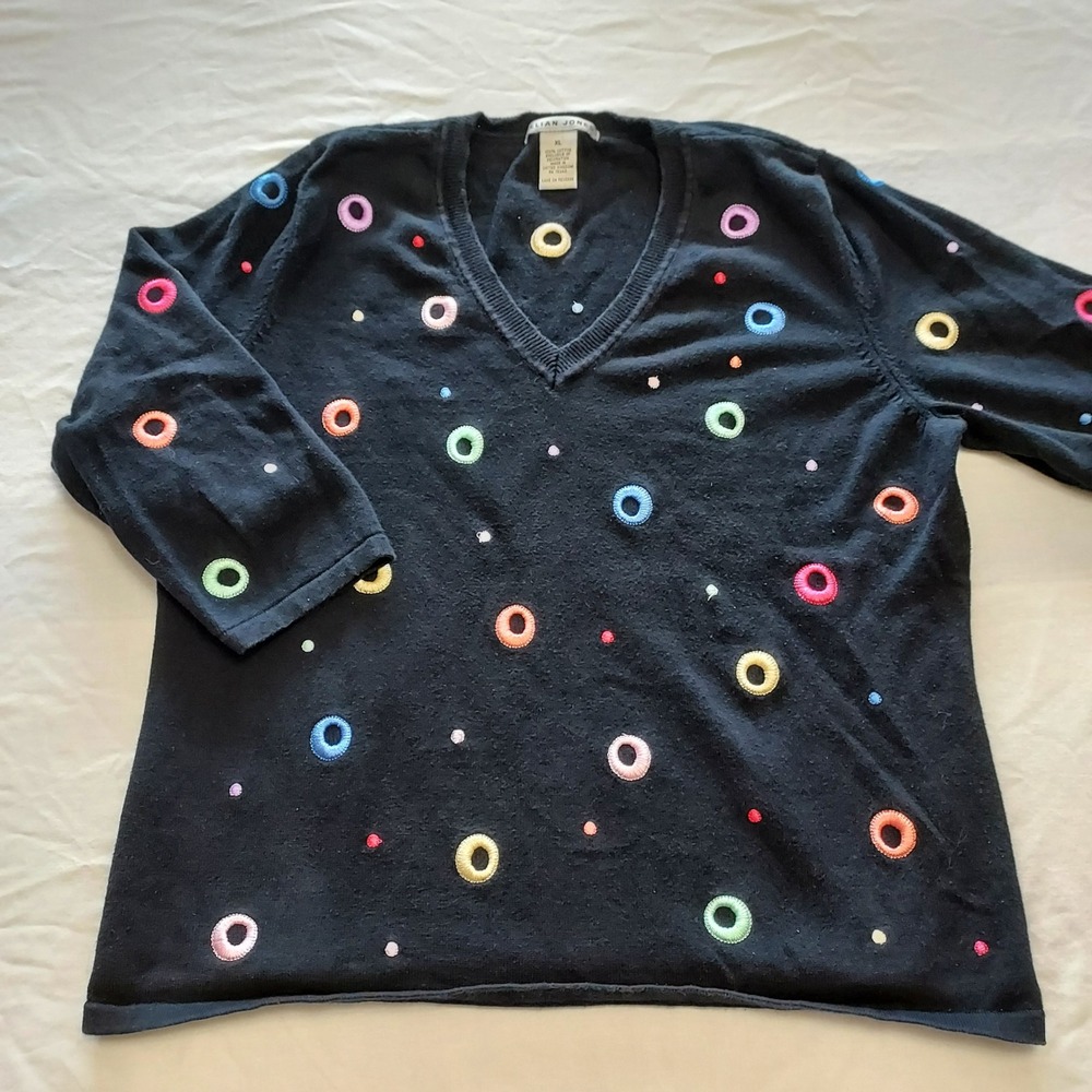 Lillian Jones XL Black Cotton V-Neck Sweater Embroidered Circles Dots 3/4 Sleeve